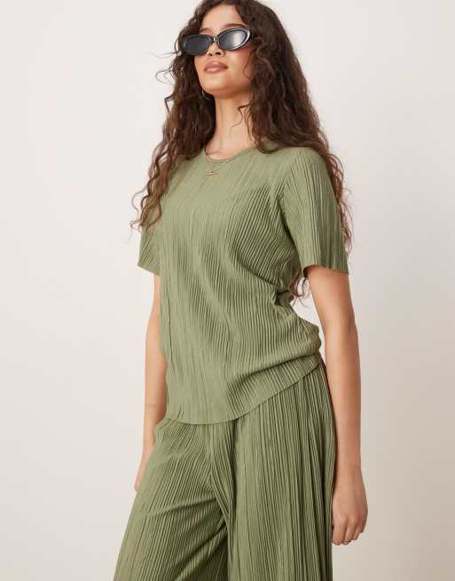 Vila - T-shirt plissé color verde olio in coordinato