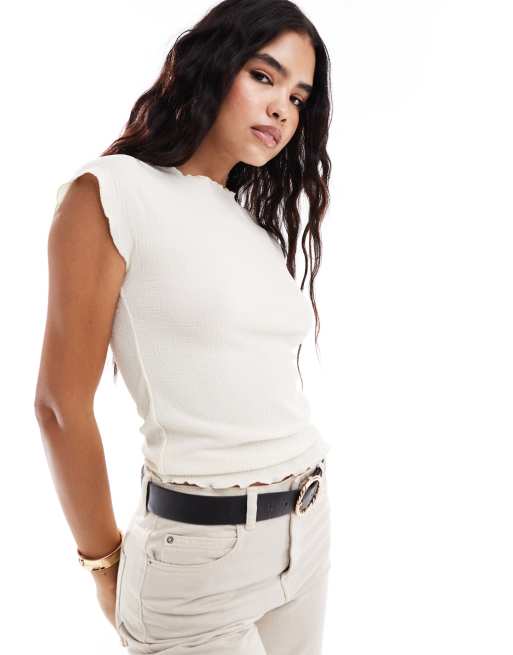 Vila - T-shirt testurizzata in jersey color crema con maniche ad aletta