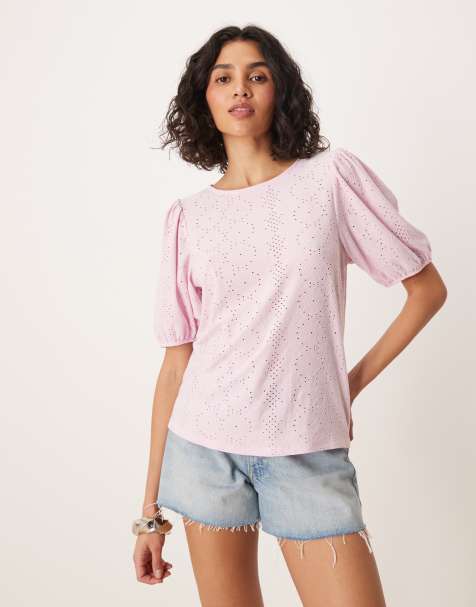 VILA - T-shirt van broderie met pofmouwen in lichtroze - view 1