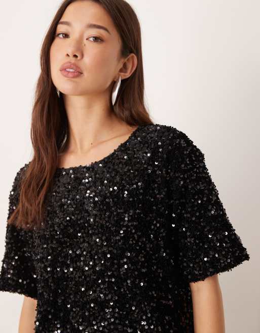 Vila - T-shirt van velour met lovertjes in zwart, deel van co-ord set, 2 van 4