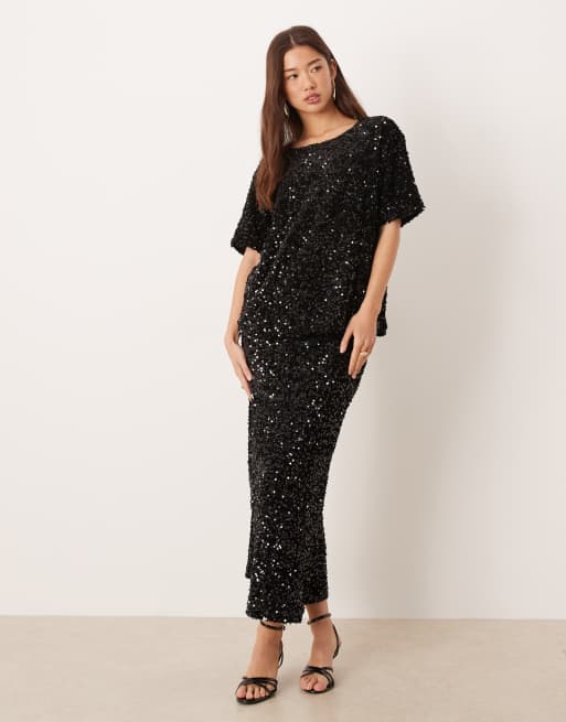 Vila - T-shirt van velour met lovertjes in zwart, deel van co-ord set, 3 van 4