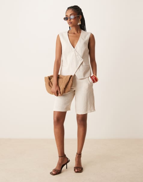 VILA tailored asymmetric placket detail vest and longline shorts set in birch cream - view 1