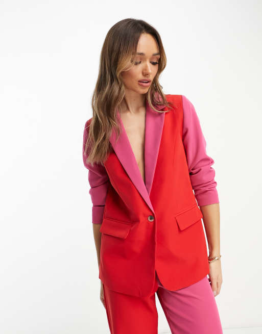 Vila tailored colour block blazer co-ord in red and pink | ASOS