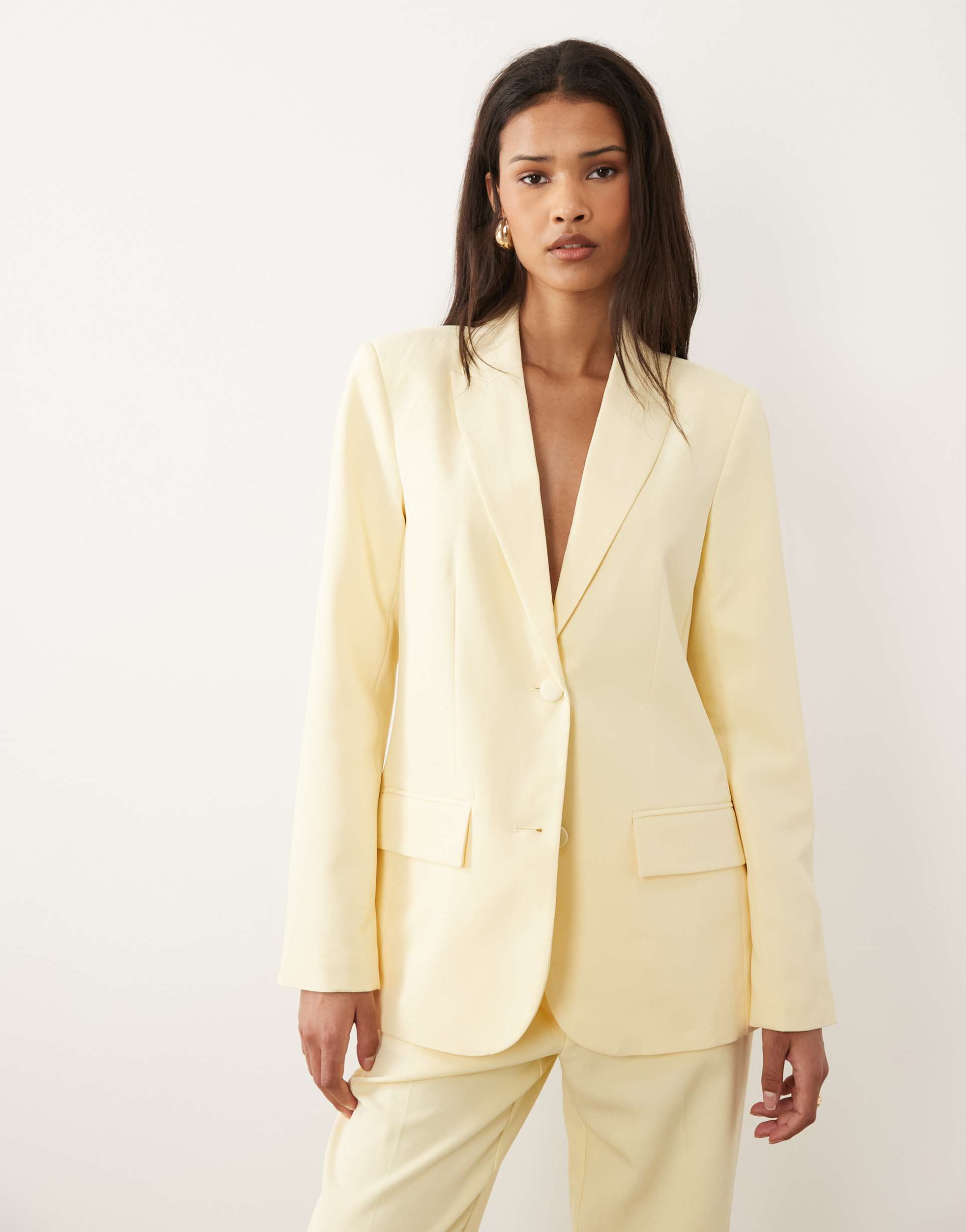 vila tailored covered button blazer in pastel yellow - part of a set