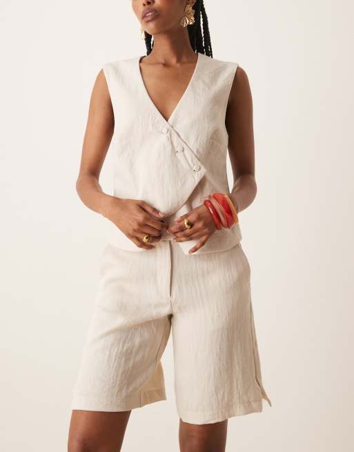 VILA tailored high waist longline short in birch cream - part of a set