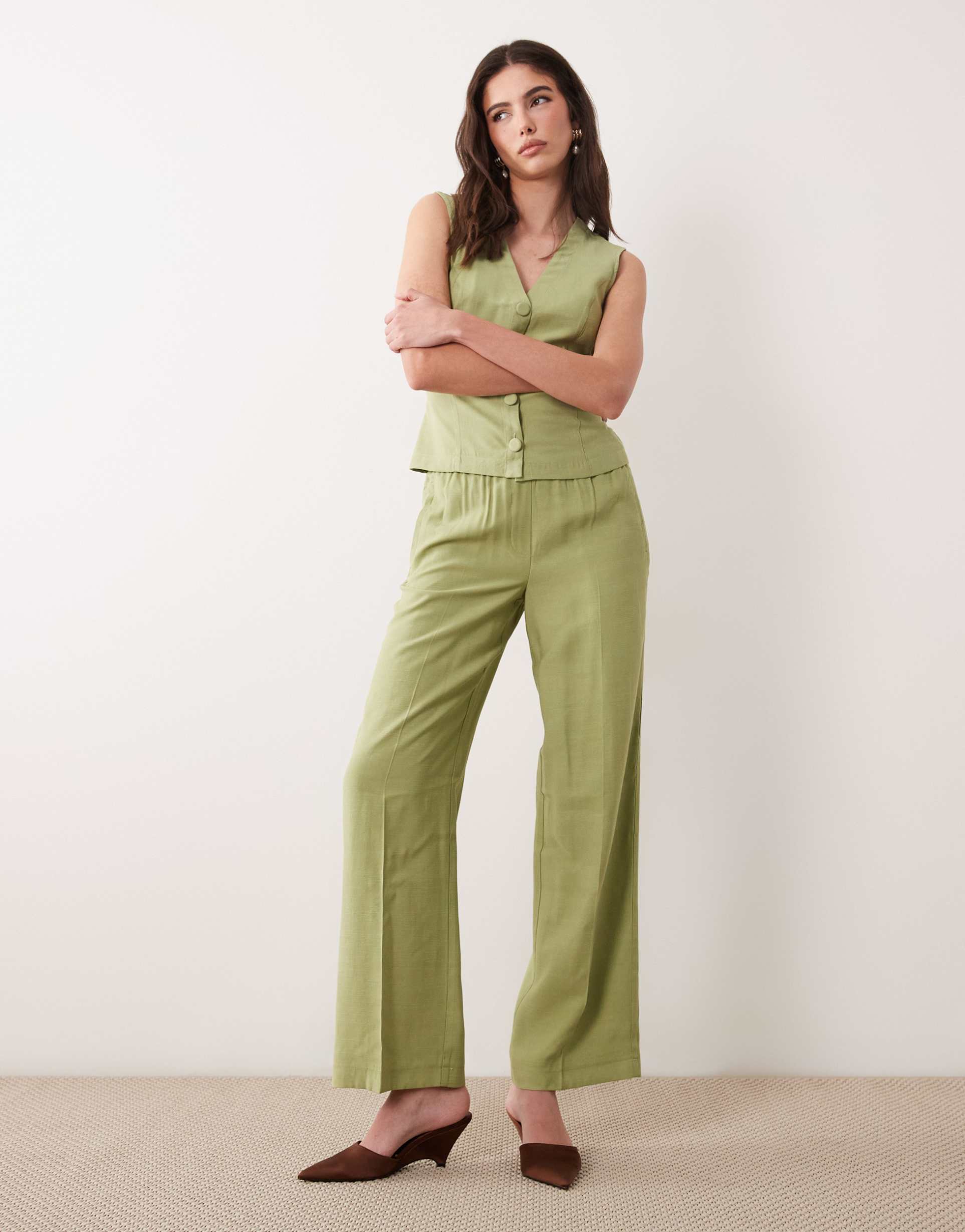 vila tailored mid waist pants in sage green - part of a set