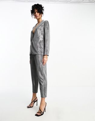 Vila tailored party tapered trousers co-ord in silver