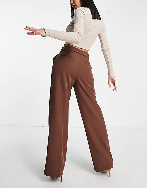  Vila tailored suit wide leg trousers with belt in chocolate brown 