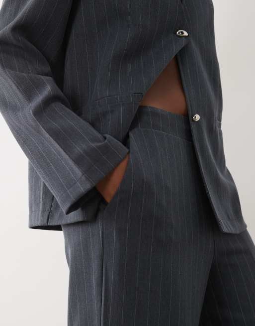 VILA tailored wide leg pants in dark heather gray pinstripes - part of a set, 4 of 5