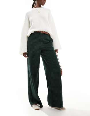 Vila Tailored Wide Leg Pants In Green Pinstripe