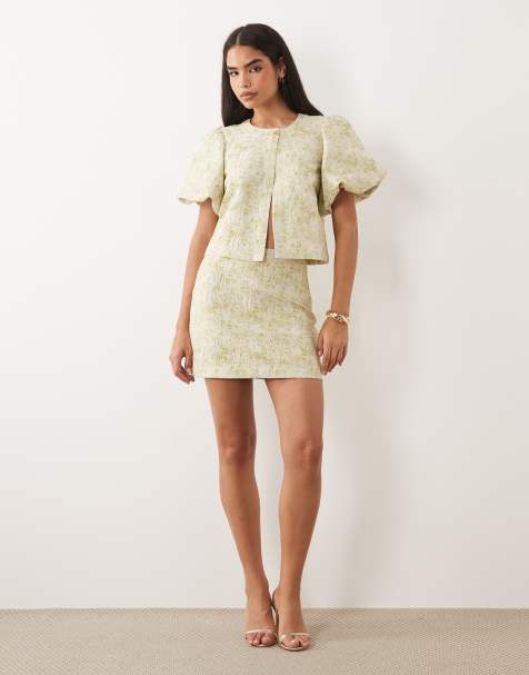 Vila tapestry floral jacquard mini skirt co-ord in smoke green - view 1