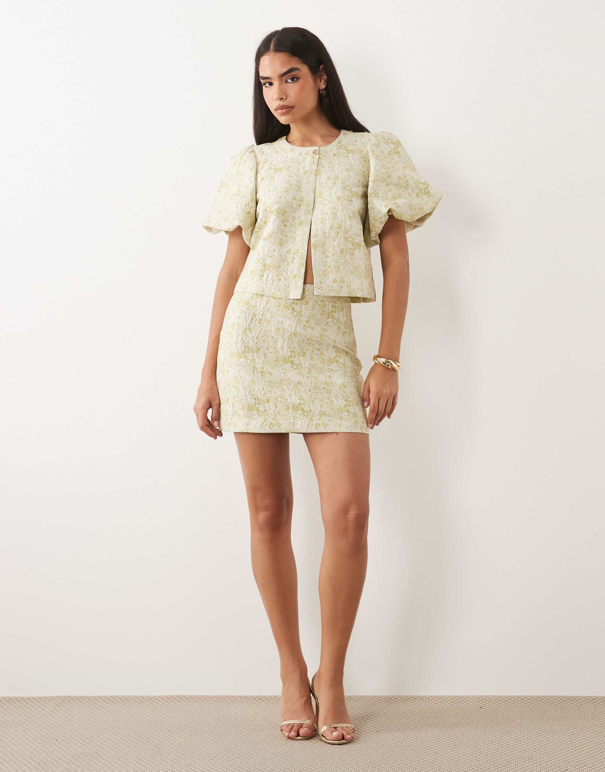 vila tapestry floral jacquard mini skirt in smoke green - part of a set