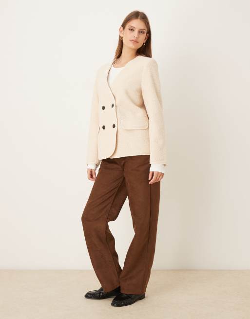 Vila teddy jacket with button details in cream, 3 of 4