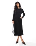 Vila textured boat neck midi dress in black