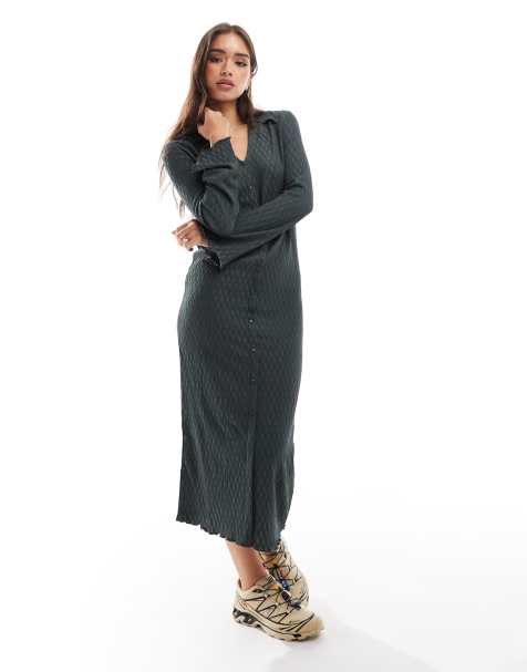 Vila textured button front open collar midi dress in green - view 1