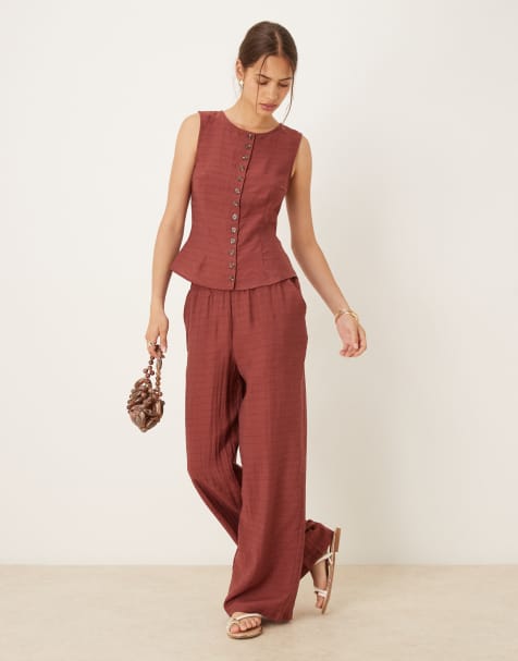 Vila textured button front top and trouser co-ord in burnt henna check print - view 1