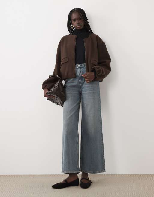 Vila textured clean collarless bomber jacket in chocolate brown melange, 2 of 4