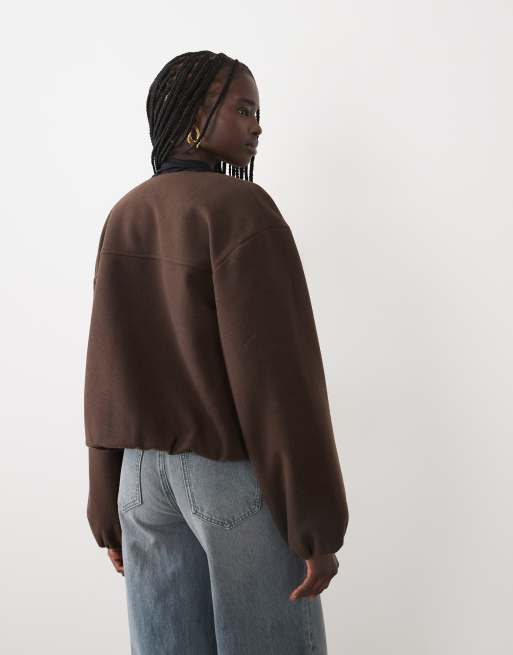 Vila textured clean collarless bomber jacket in chocolate brown melange, 3 of 4