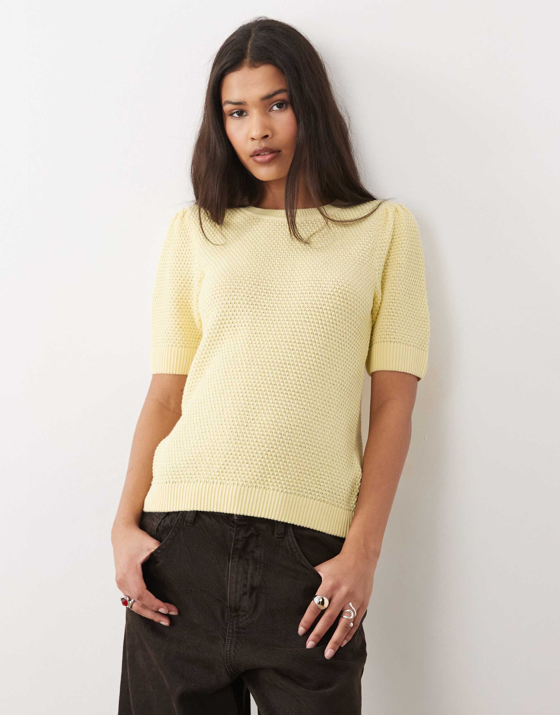 vila textured cotton knit top in pastel yellow