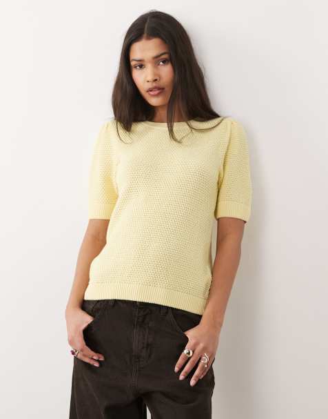 Vila textured cotton knit top in pastel yellow