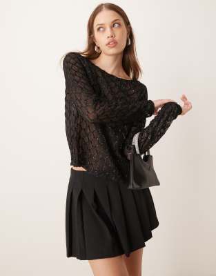 textured glitter detail long sleeve top in black