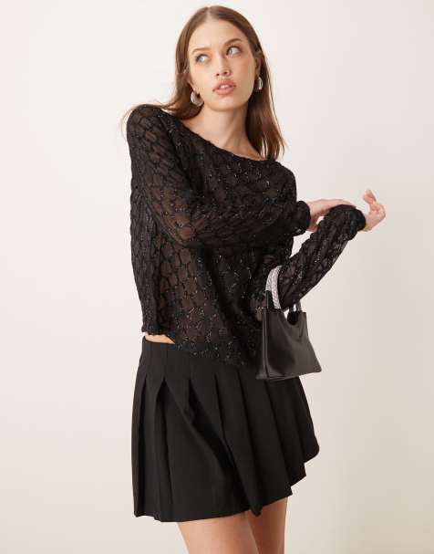 Vila textured glitter detail long sleeve top in black