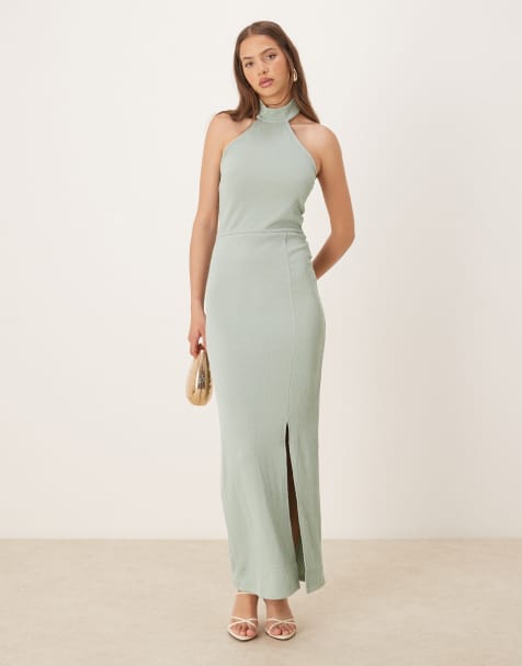 Vila textured jersey halter maxi dress in dusty green - view 1