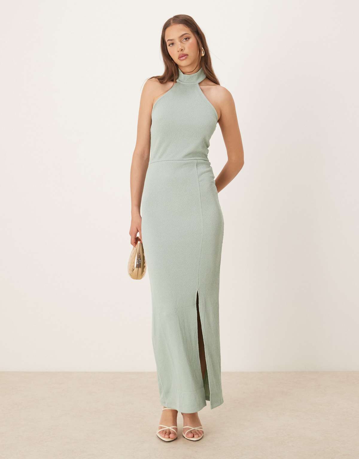 Vila textured jersey halter maxi dress in dusty green