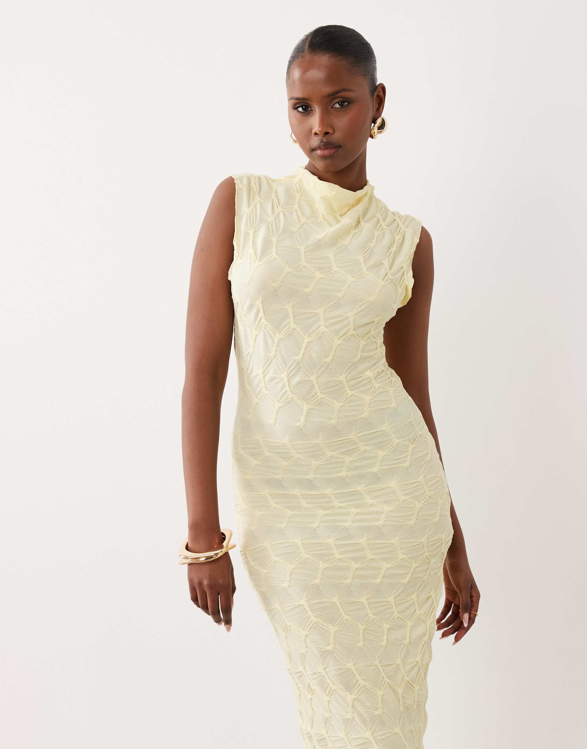 vila textured jersey maxi dress in pastel yellow