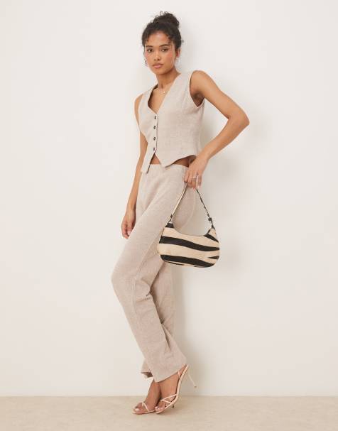 Vila textured jersey waistcoat and wide leg trousers set in light natural melange - view 1