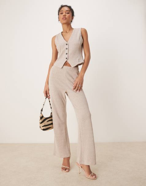 Vila textured jersey wide leg trouser co-ord in light natural melange