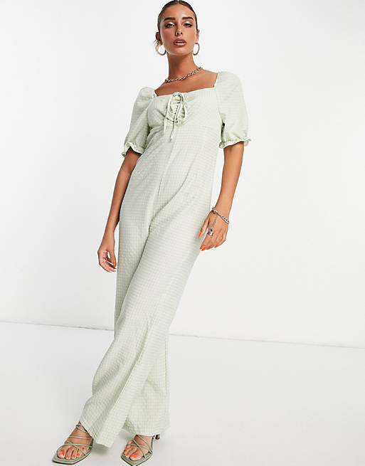 Vila textured jumpsuit with tie detail in green gingham