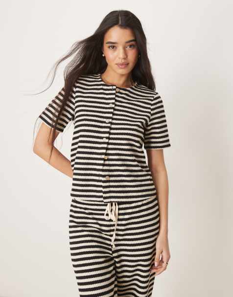 Vila textured knitted stripe short sleeve button down top co-ord in black and cream - view 1