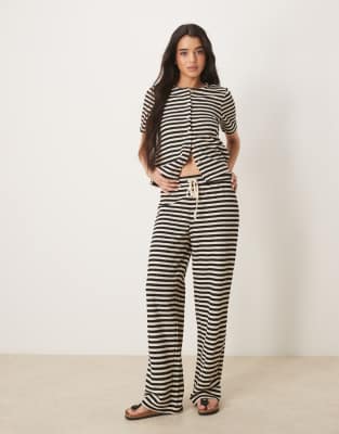 textured knitted stripe wide leg pants in black and cream - part of a set