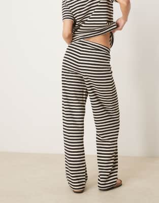 Vila Textured Knitted Stripe Short Sleeve Button Down Top In Black