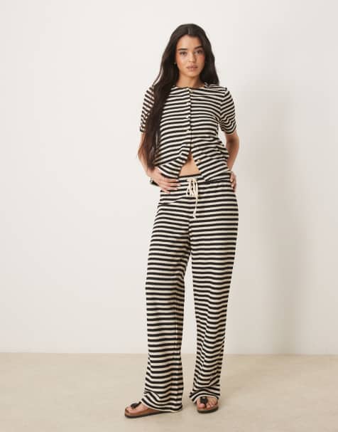 Vila textured knitted stripe wide leg trouser co-ord in black and cream