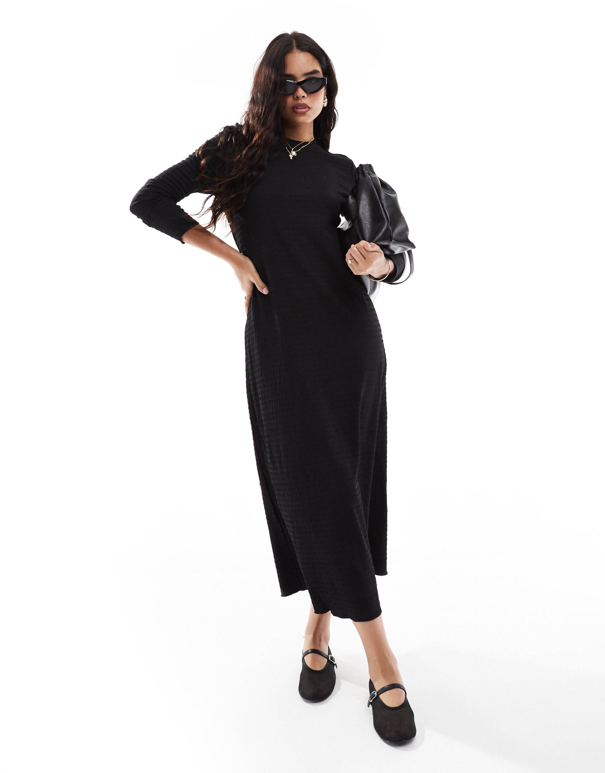 vila textured long sleeve maxi dress in black