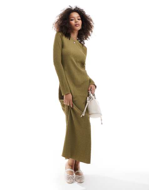 Vila textured long sleeve maxi dress in olive green - view 1