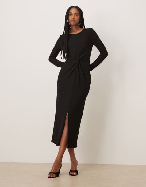 Vila textured midi dress with twist detail in black