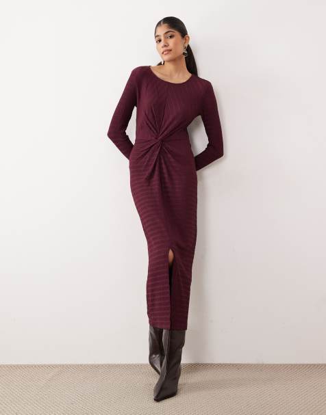 Vila textured midi dress with twist detail in burgundy