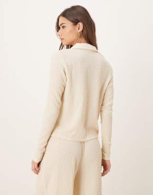 Vila Textured Polo Neck Tie Front Jersey Top In White