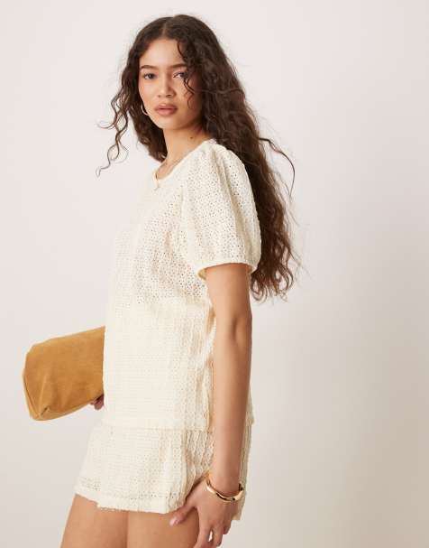 VILA textured puff sleeve T-shirt in cream - part of a set - view 1
