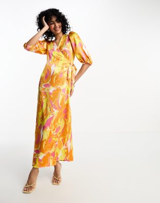 Vila Textured Satin Wrap Midi Dress In Orange Abstract Print-multi