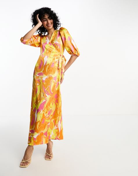 Vila textured satin wrap midi dress in orange abstract print - view 1