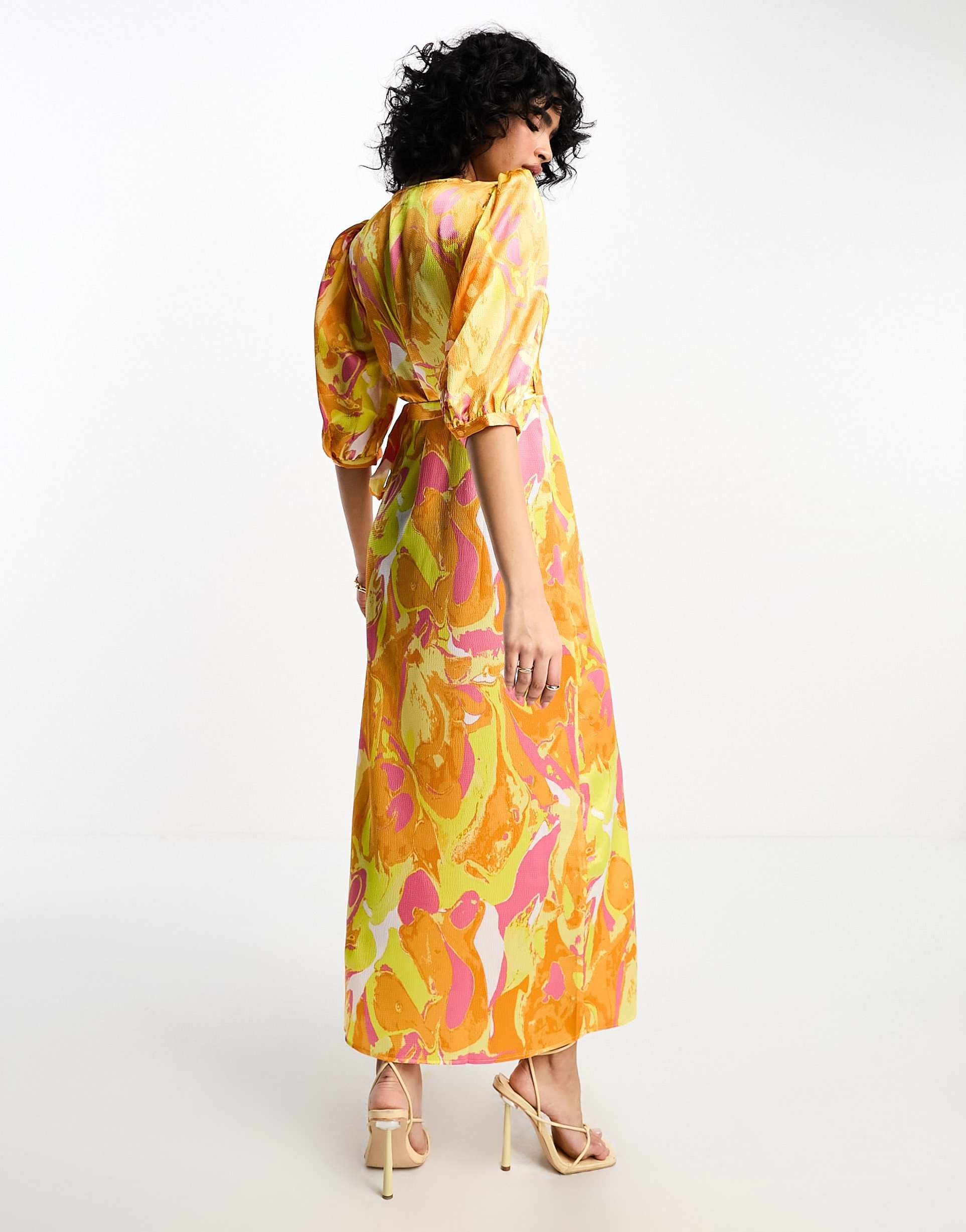 vila textured satin wrap midi dress in orange abstract print