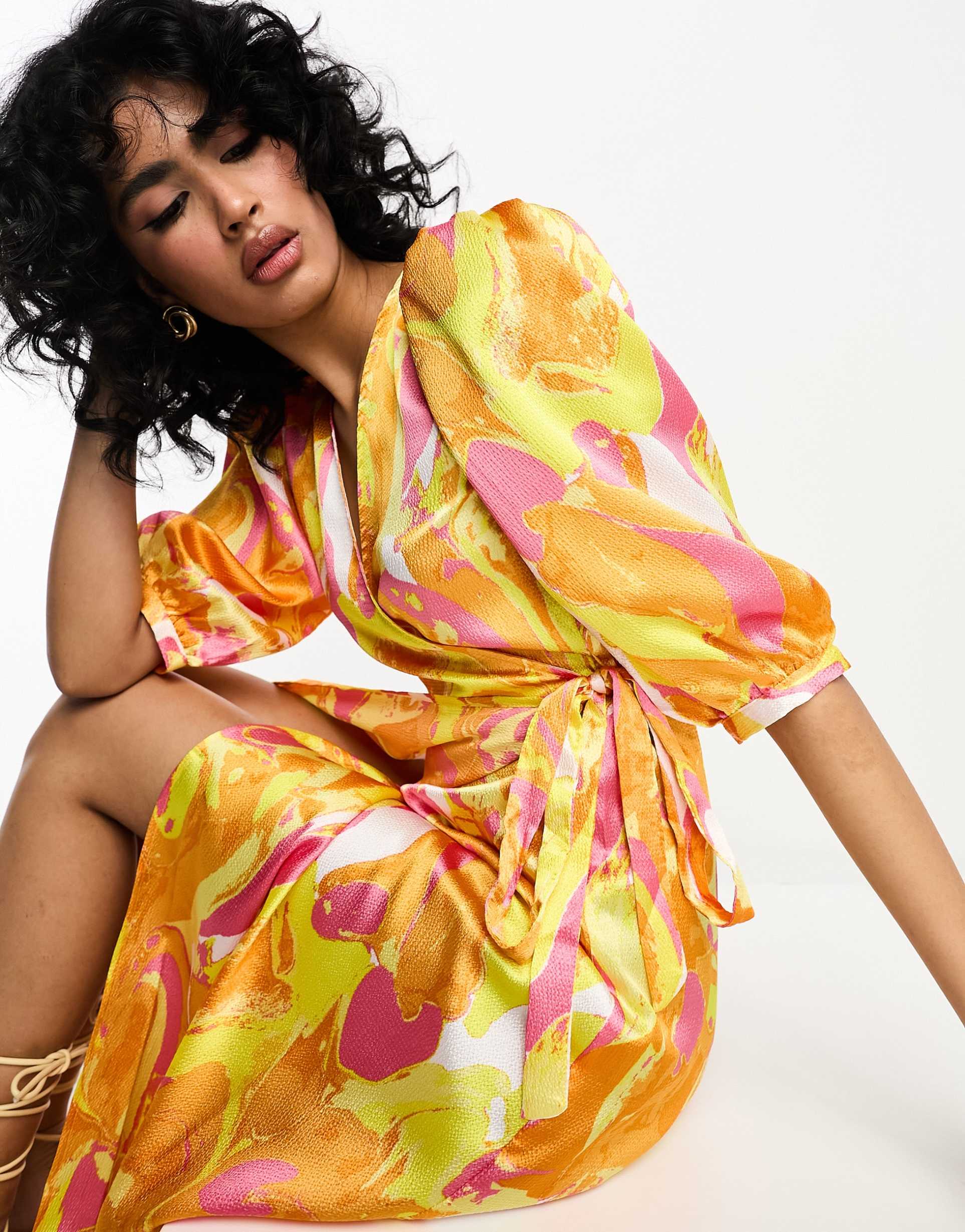 vila textured satin wrap midi dress in orange abstract print