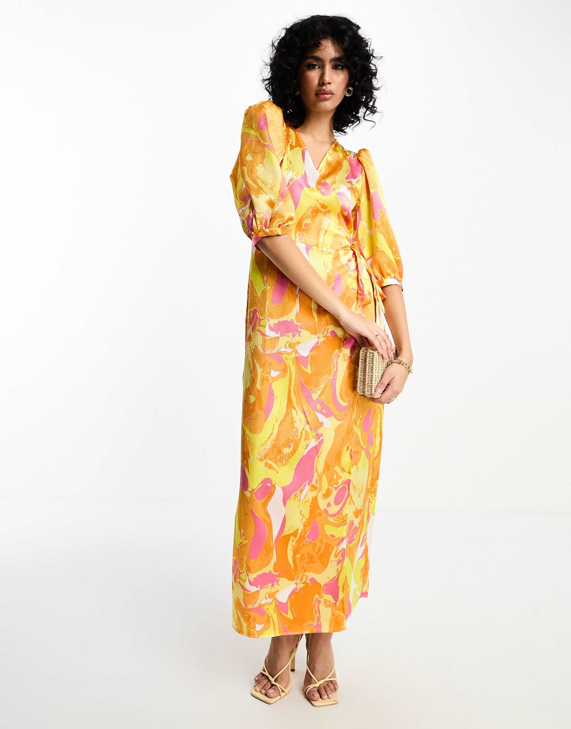 vila textured satin wrap midi dress in orange abstract print