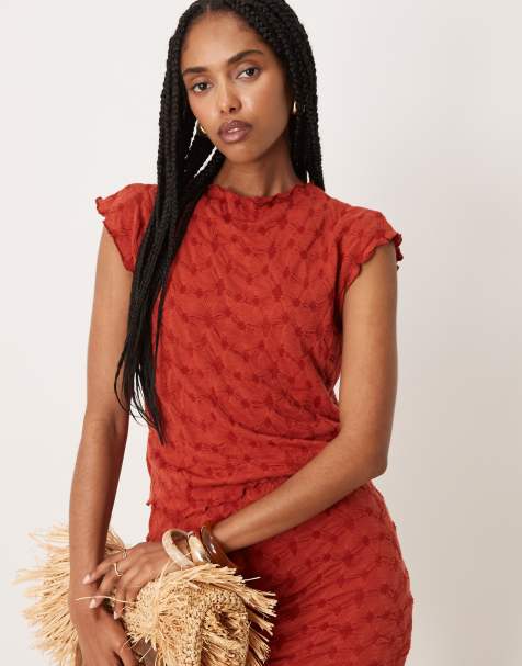 Vila textured slash neck top co-ord in deep red - view 1