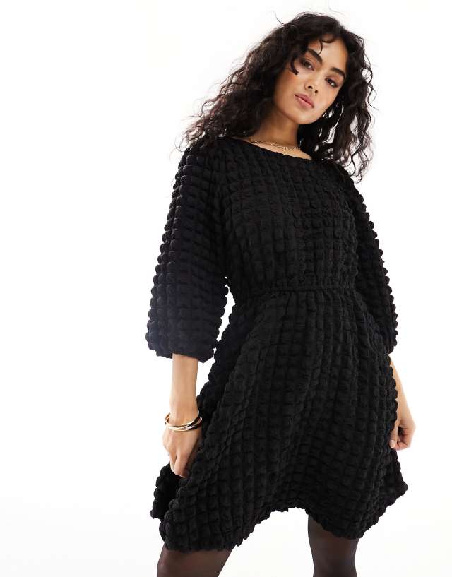 Vila - textured smock mini dress with tie back in black