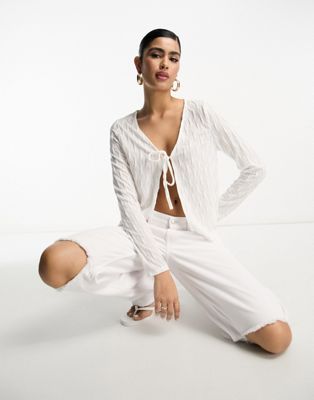 Vila textured soft tie front cardigan in white